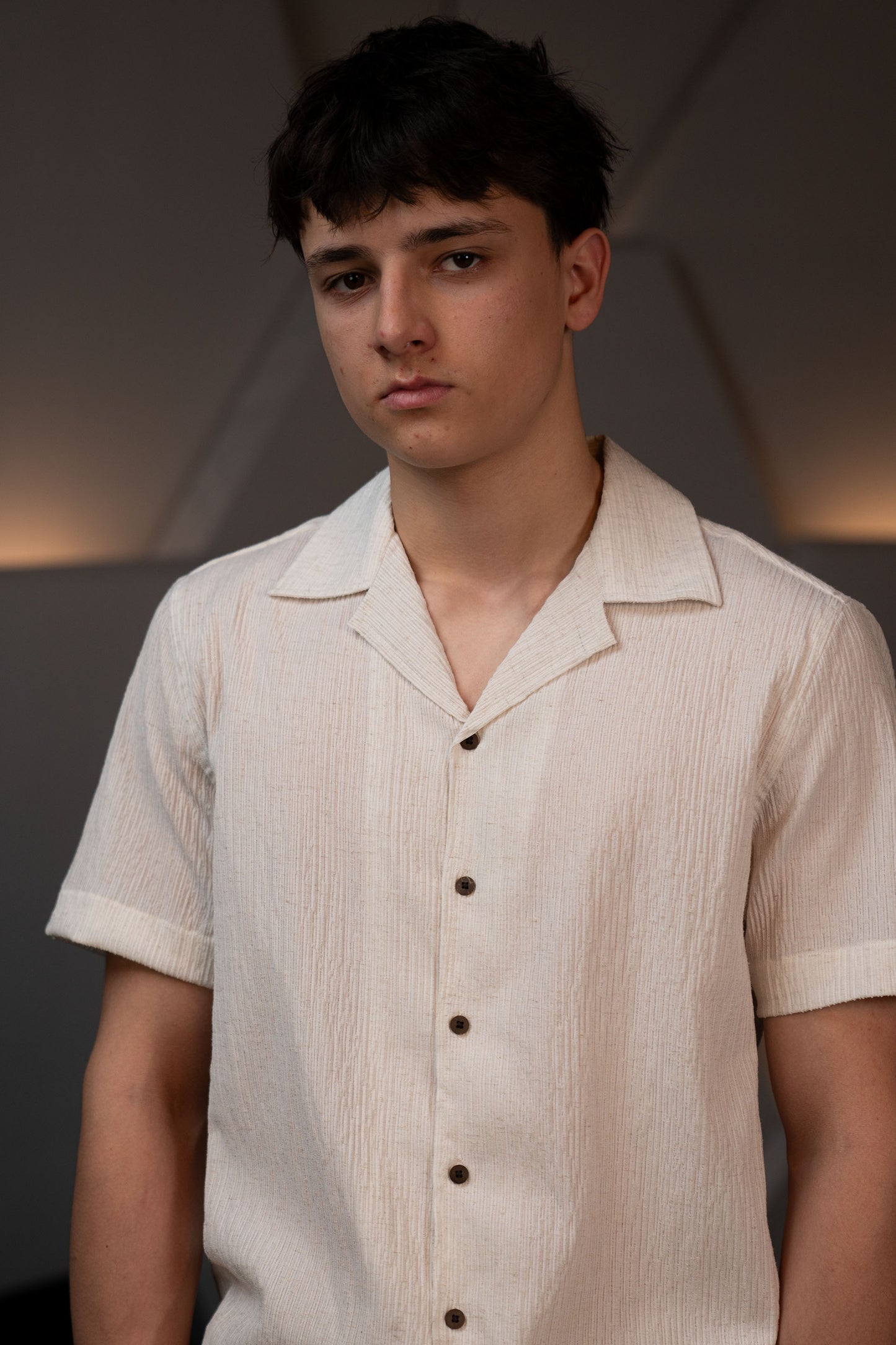 Camp Collar Half Sleeve Crushed Cotton Shirt in Off White