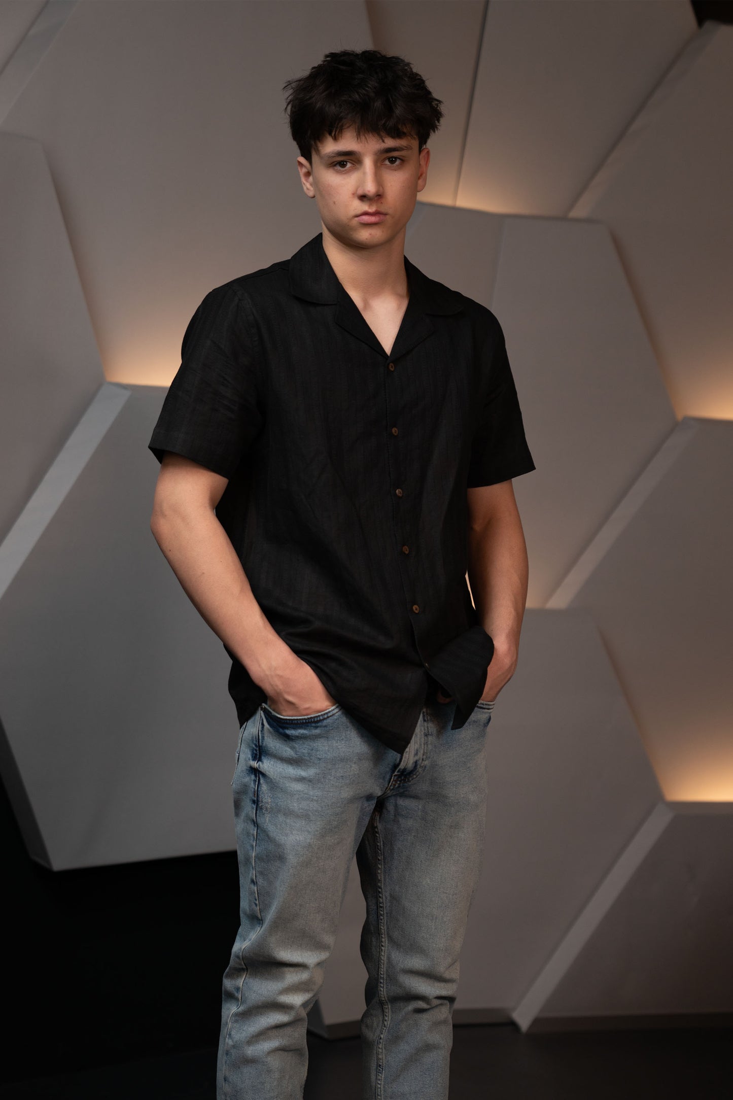 Handwoven Black Hemp Camp Collar Shirt