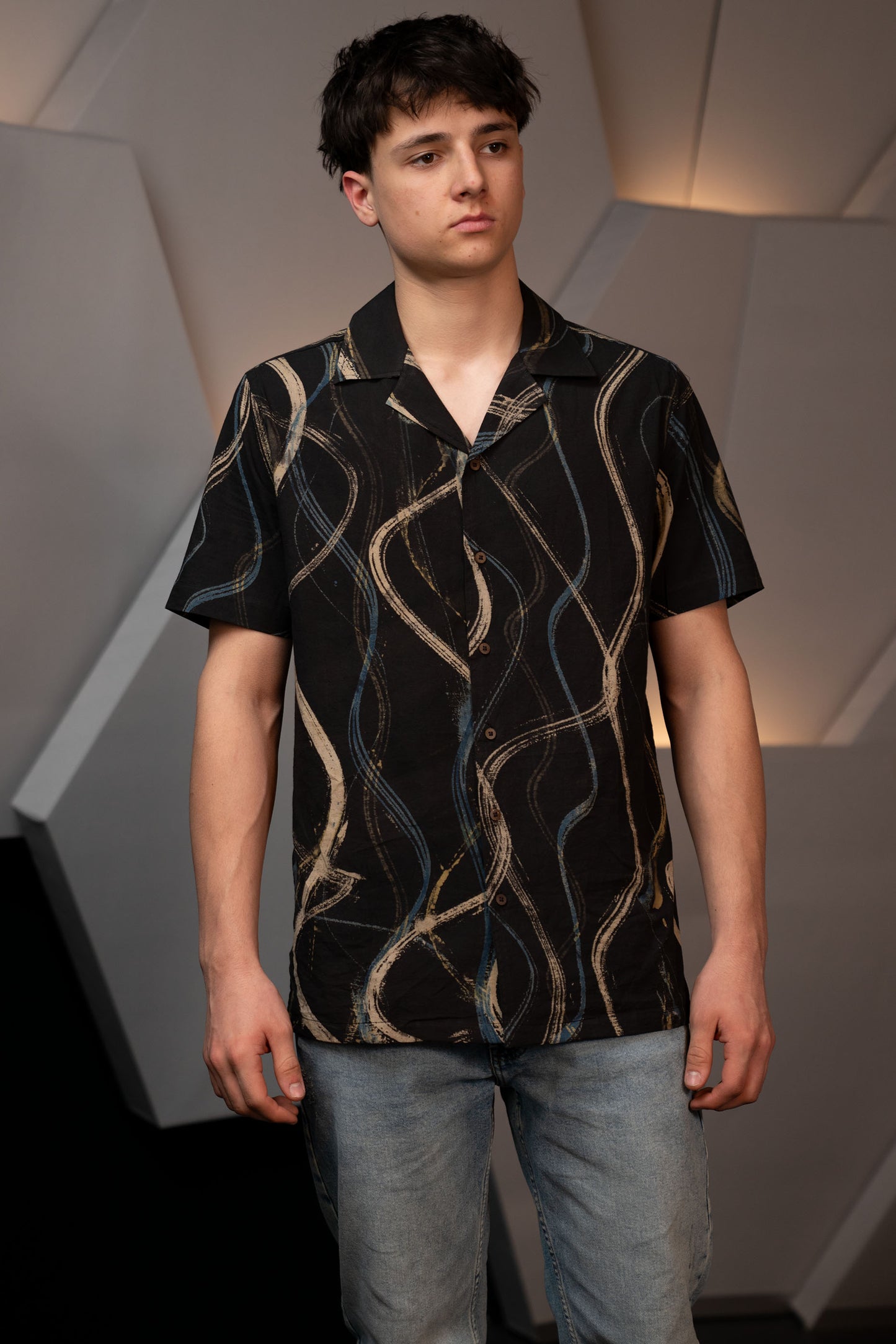 Camp Collar Half Sleeve Organic Cotton Shirt with Abstract Brush Print in Black