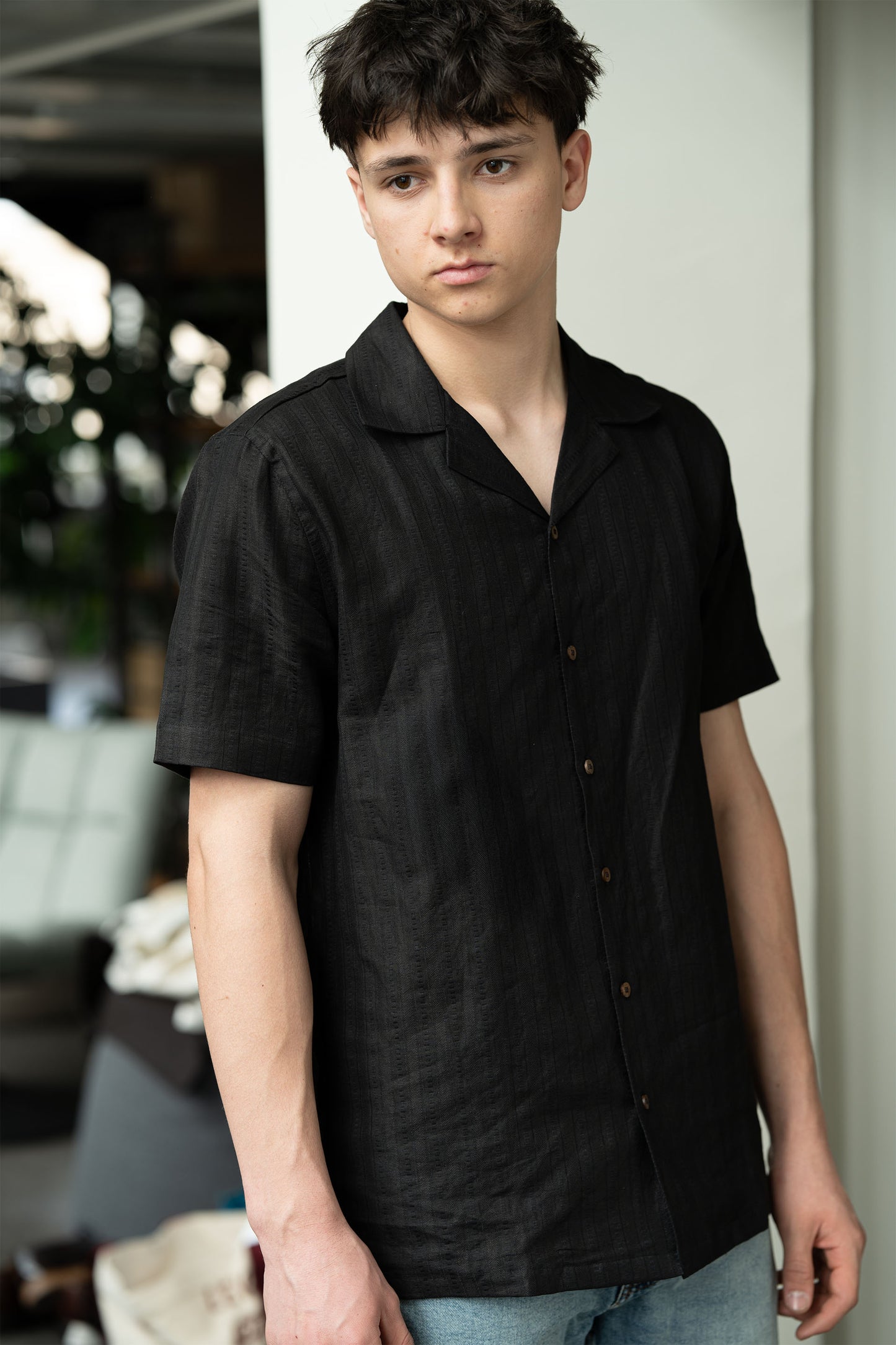 Handwoven Black Hemp Camp Collar Shirt
