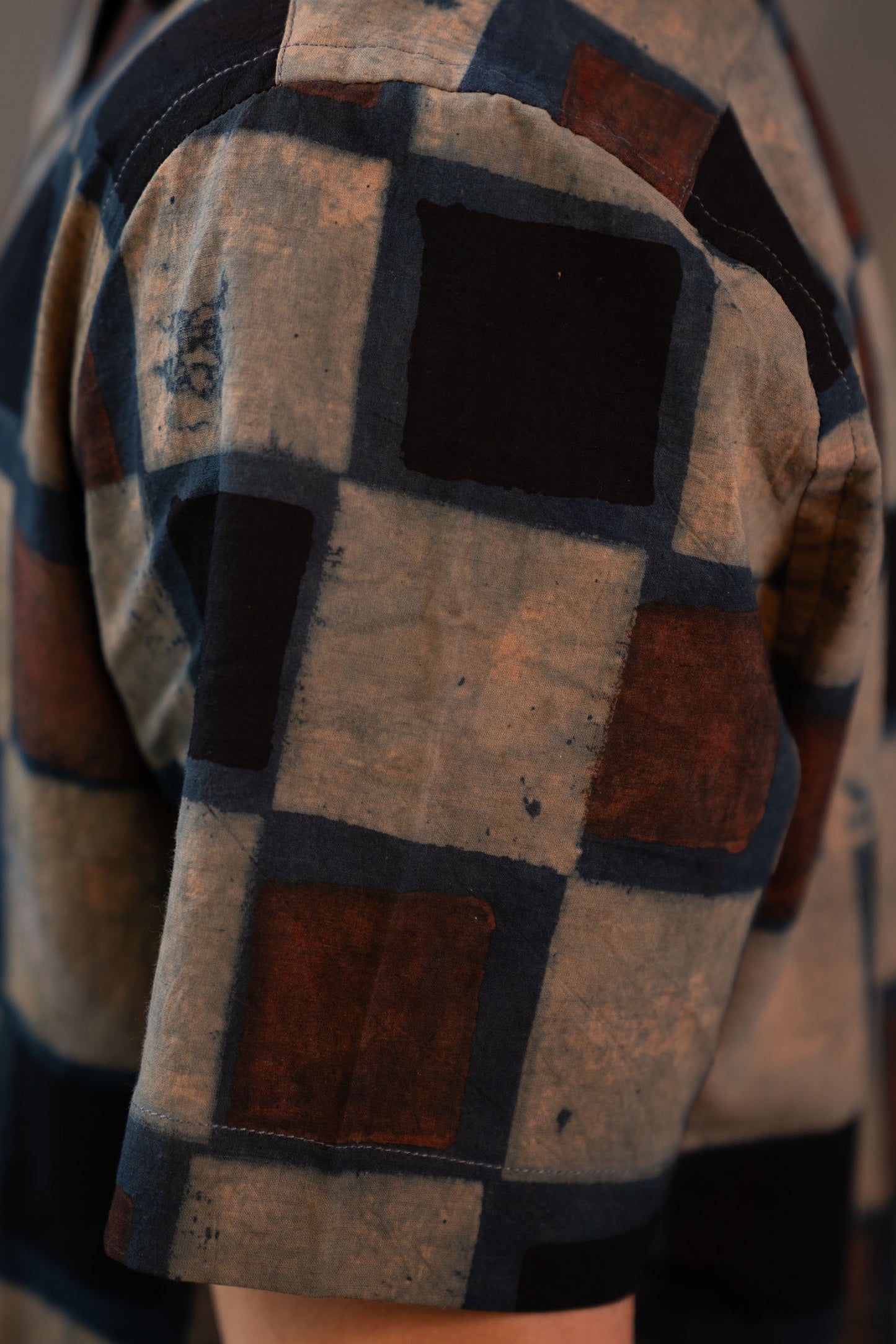 Camp Collar Half Sleeve Organic Cotton Shirt with Natural Dye Handblock Squares