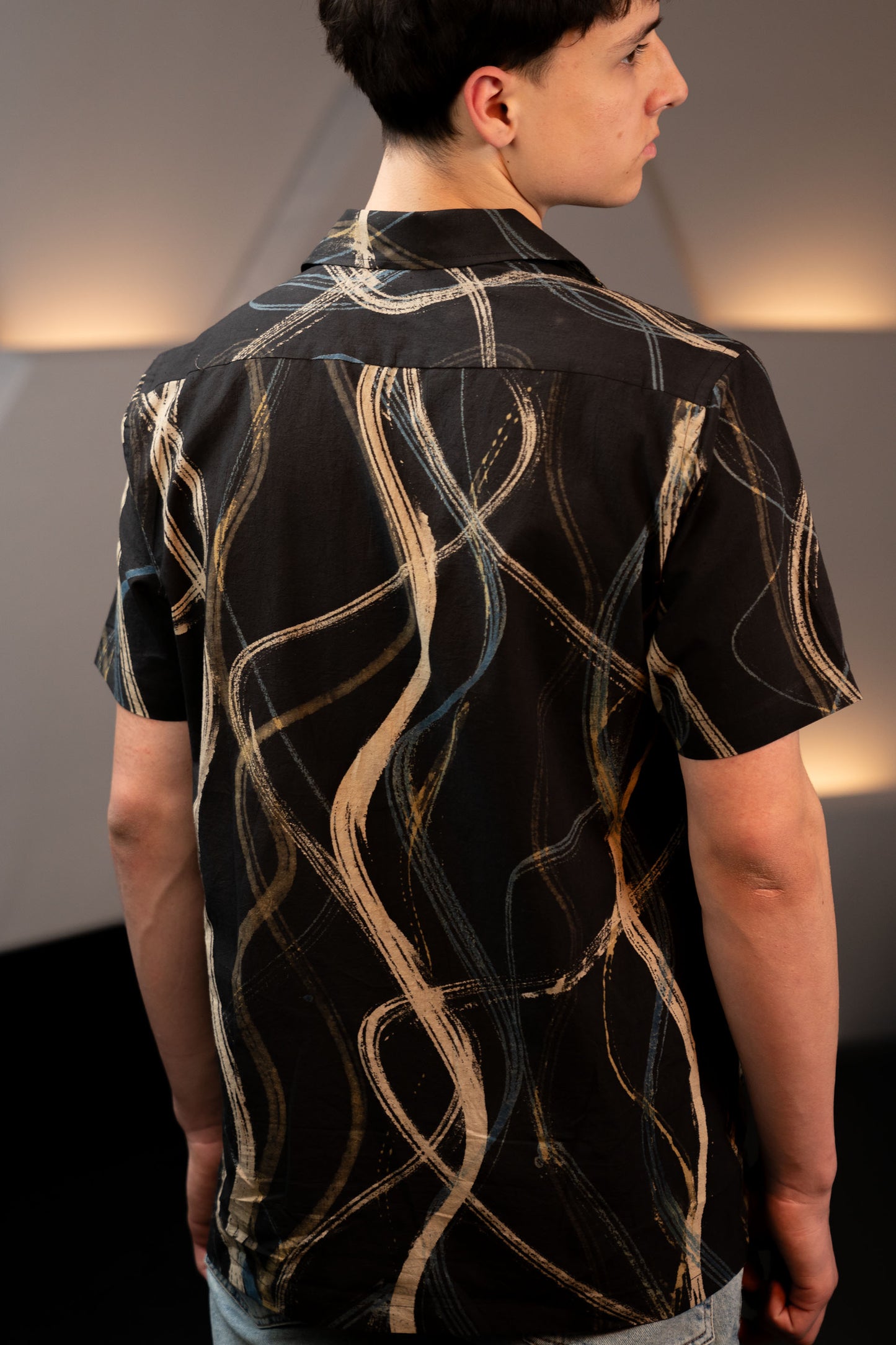 Camp Collar Half Sleeve Organic Cotton Shirt with Abstract Brush Print in Black