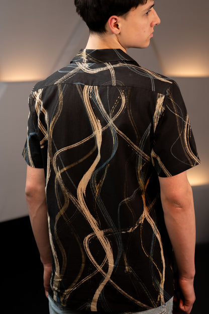 Camp Collar Half Sleeve Organic Cotton Shirt with Abstract Brush Print in Black