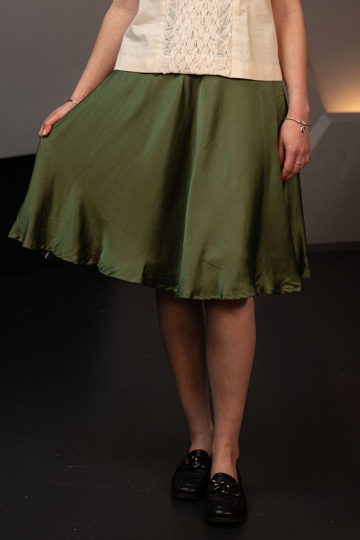 Moss Green Vegan Bamboo Silk Knee Length A Line Skirt
