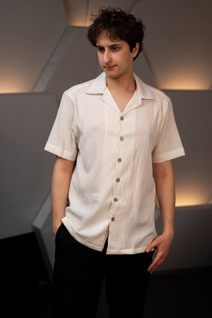 Camp Collar Half Sleeve Crushed Cotton Shirt in Off White