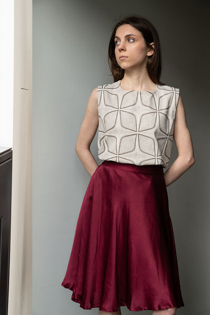Wine Red Bamboo Silk Knee Length Skirt
