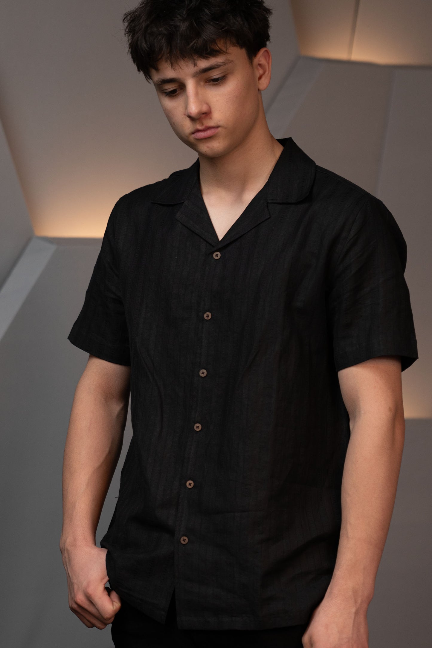 Handwoven Black Hemp Camp Collar Shirt