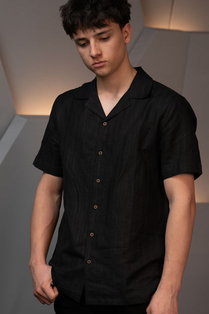 Handwoven Black Hemp Camp Collar Shirt