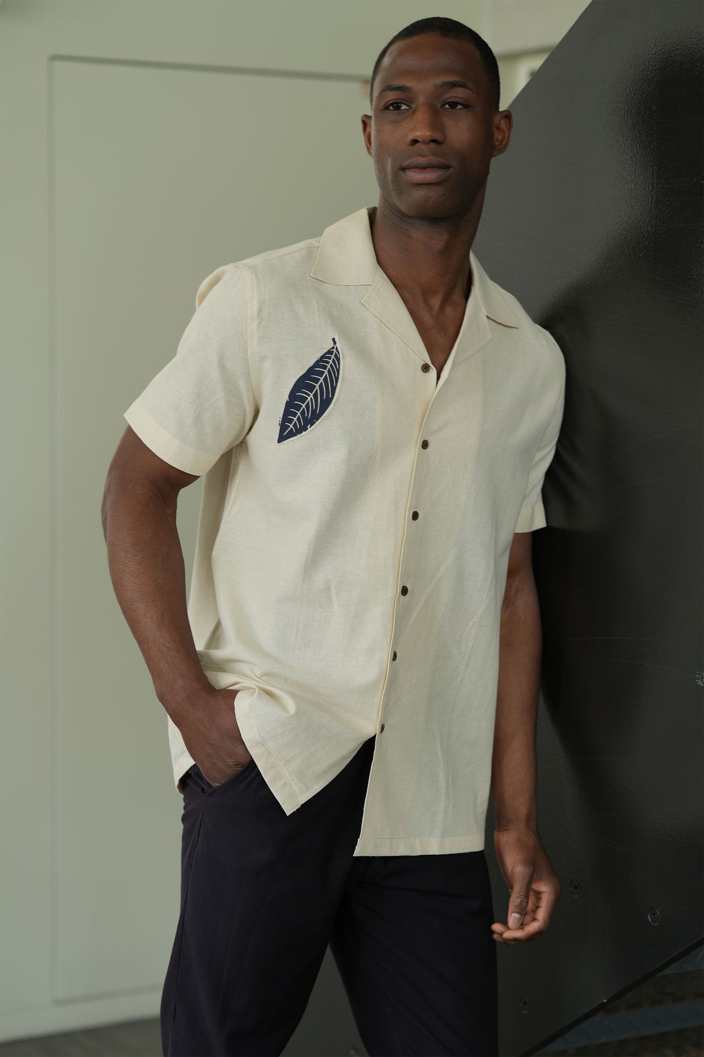 Camp Collar Half Sleeve Organic Cotton Shirt with Indigo Leaf Appliqué