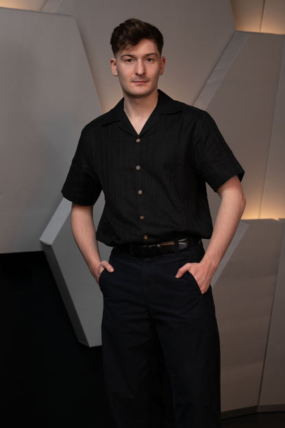 Handwoven Black Hemp Camp Collar Shirt