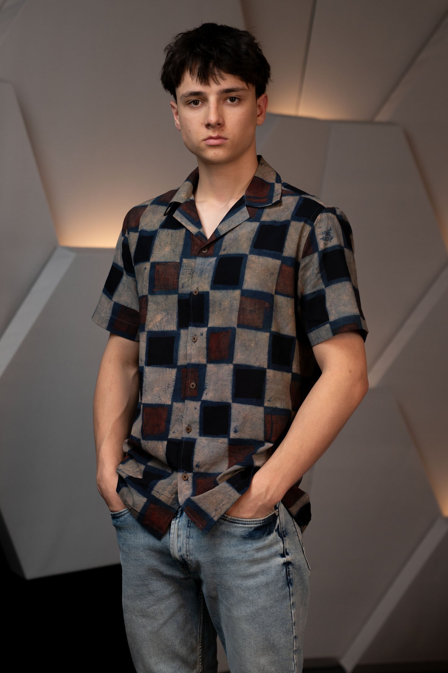 Camp Collar Half Sleeve Organic Cotton Shirt with Natural Dye Handblock Squares