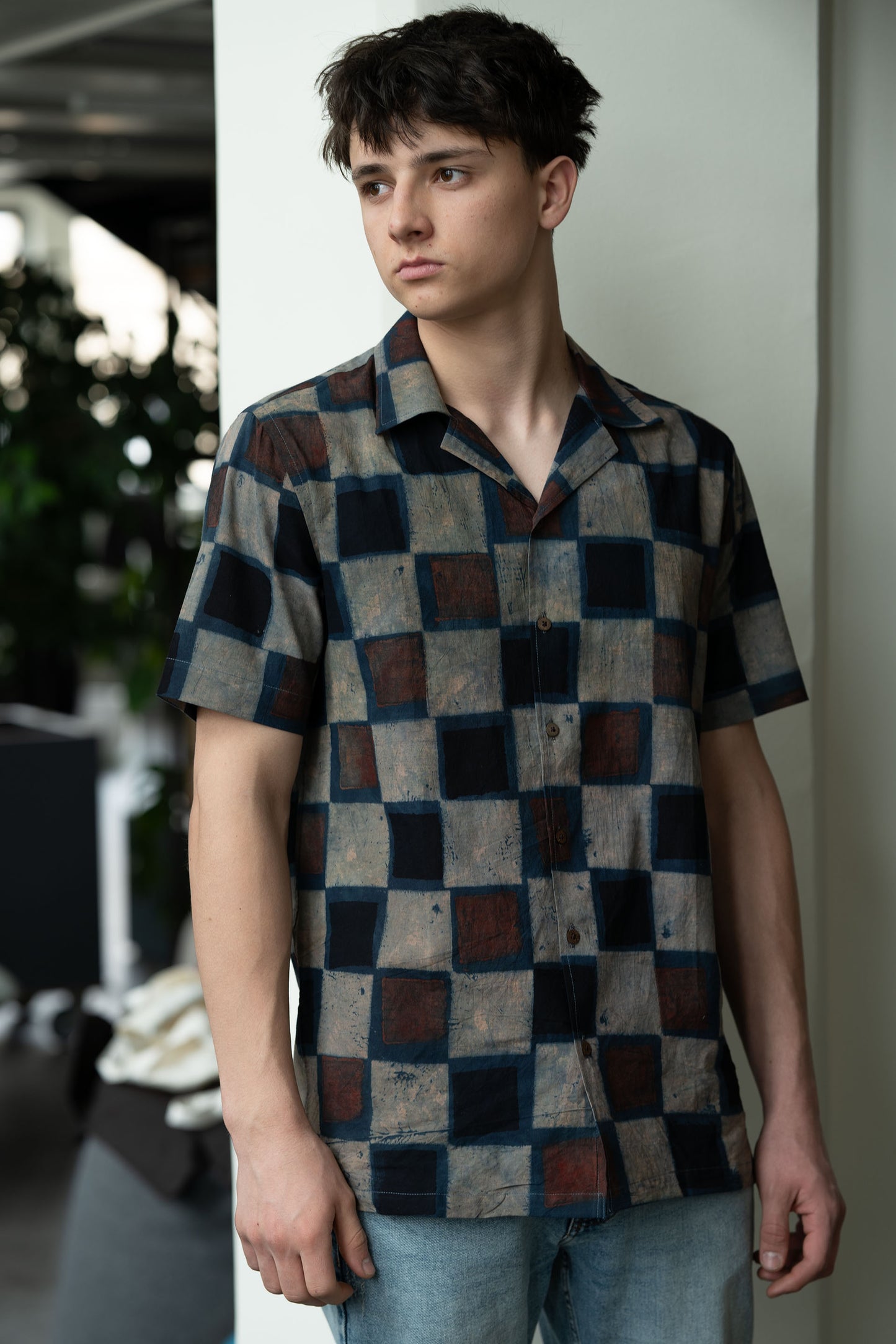 Camp Collar Half Sleeve Organic Cotton Shirt with Natural Dye Handblock Squares