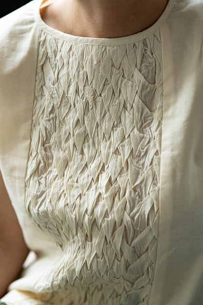 Hand-Stitched Cotton Panel Statement Sleeveless Top in off white