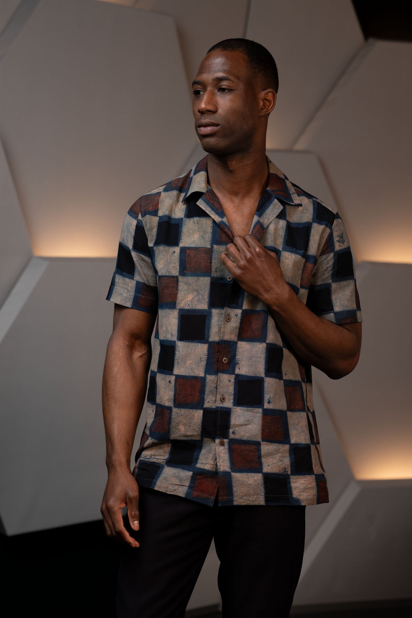 Camp Collar Half Sleeve Organic Cotton Shirt with Natural Dye Handblock Squares