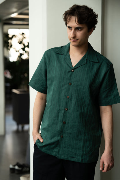 Handwoven Hemp Camp Collar Shirt in Forest Green