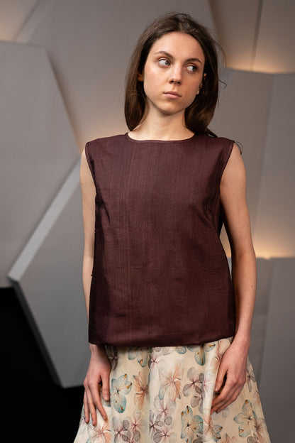 Chocolate Brown Handwoven Cotton Silk Structured Sleeveless Top