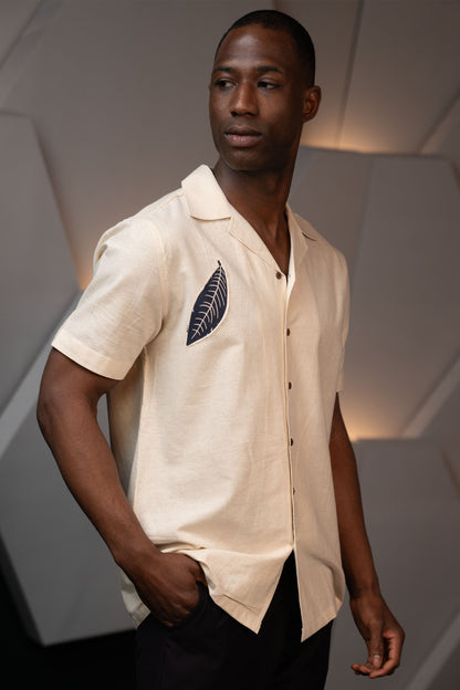Camp Collar Half Sleeve Organic Cotton Shirt with Indigo Leaf Appliqué