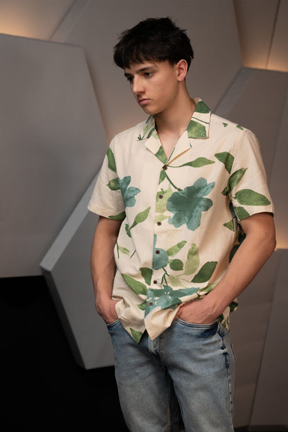 Camp Collar Half Sleeve Pure Cotton Shirt with Multicolor Abstract Print